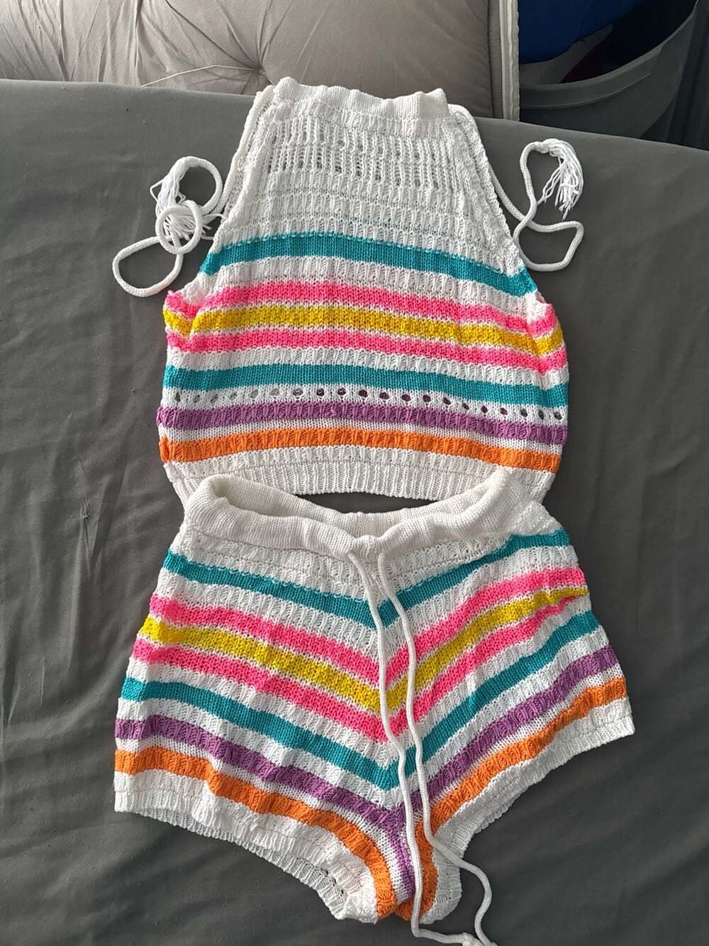 Jolie & Joy Colorful Striped Crochet Halter Top and Shorts 2-Piece Set